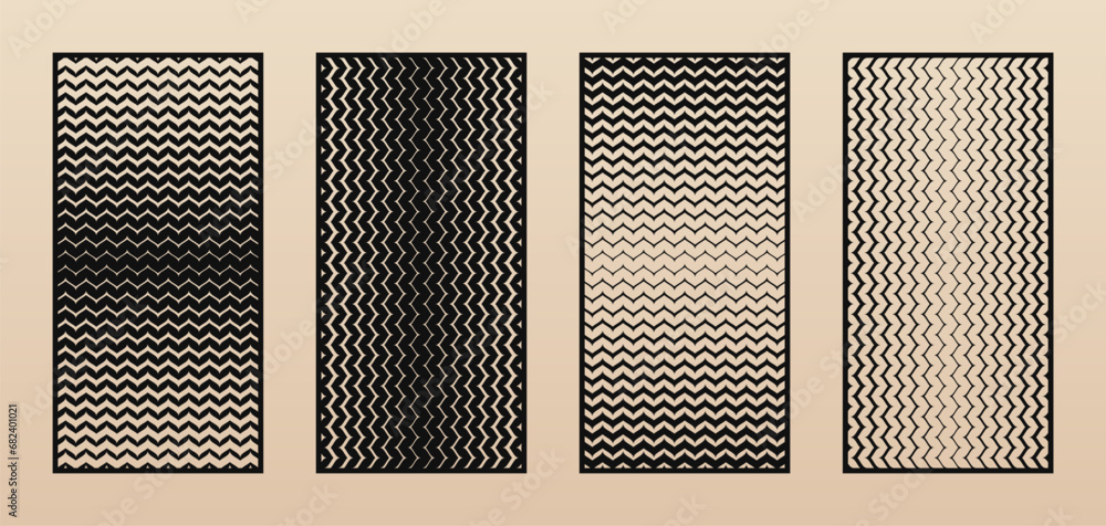 Laser cut panel set. Vector abstract geometric patterns with halftone wavy lines, stripes, gradient transition. Modern decorative stencil for CNC cutting of wood, metal, plastic. Aspect ratio 1:2 - obrazy, fototapety, plakaty 