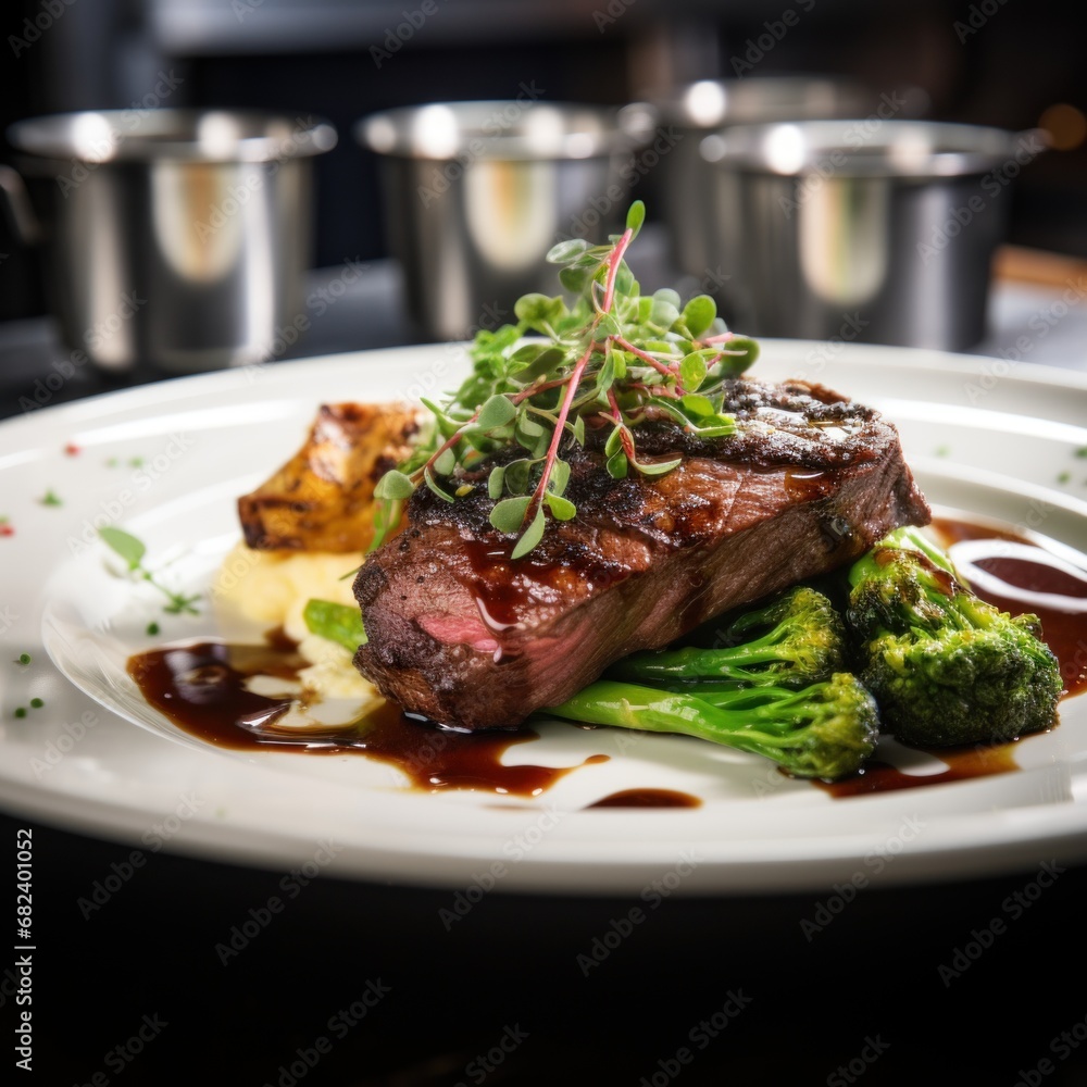 medium rare steak with broccoli, sauce and microgreens