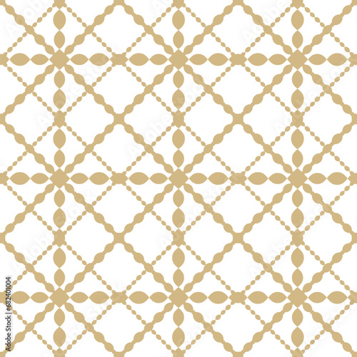 Vector seamless gold and white geometric pattern background. Luxury grid design with curved lines, simple lattice, mesh ornament. Elegant abstract repeat texture for decoration, print, wallpaper
