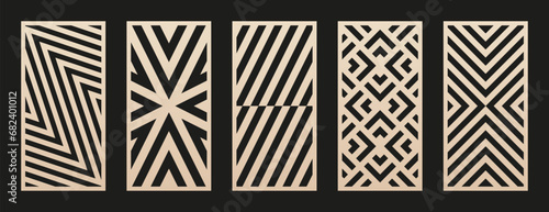Laser cut patterns set. Vector collection of CNC cutting templates with abstract geometric ornament, grid, lines, chevron. Decorative stencil for laser cut of wood, metal, plastic. Aspect ratio 1:2