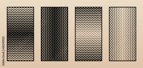 Laser cut panel set. Vector abstract geometric patterns with halftone wavy lines, stripes, gradient transition. Modern decorative stencil for CNC cutting of wood, metal, plastic. Aspect ratio 1:2