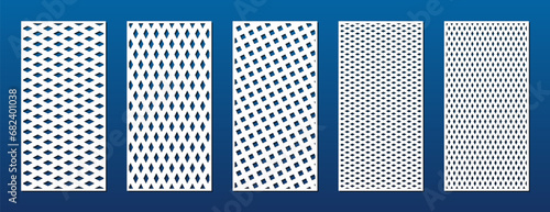 Laser cut, CNC cutting patterns set. Abstract vector geometric ornaments with  grid, net, mesh, lines, lattice. Modern geometry style. Cutting stencil for wood panel, metal, paper. Aspect ratio 1:2