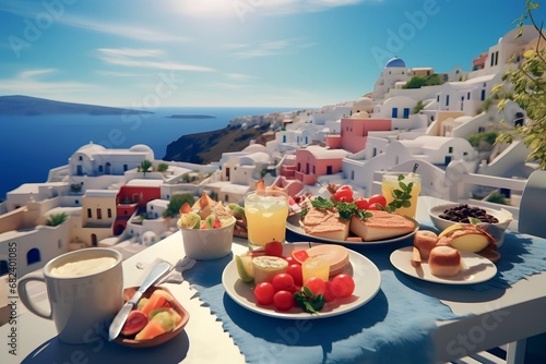 Colorful tropical breakfast on the island of Santorini