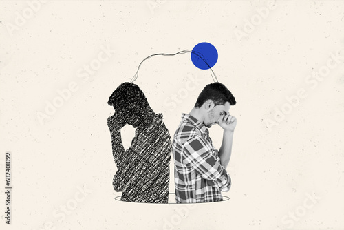Foto Creative design collage of depressed young man hand touch temples upset bipolar