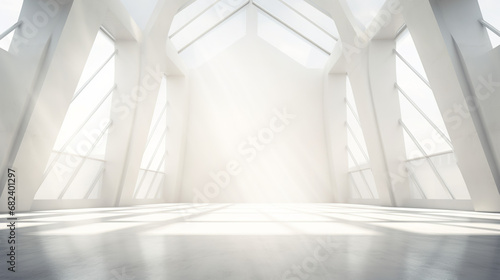 Modern Spacious White Gallery Interior with Sunlight Streaming Through Windows