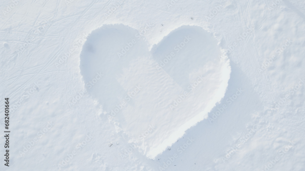 Snowy white background in the shape of heart Winter. Nature parks. Drone, photo from a height.