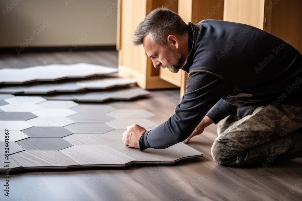 Male worker installing new wooden laminate flooring. The combination of wood panels of laminate and ceramic tiles in the form of honeycomb. Kitchen renovation. Male worker installing new wooden laminate flooring. The combination of wood panels of laminate and ceramic tiles in the form of honeycomb. Kitchen renovation.
