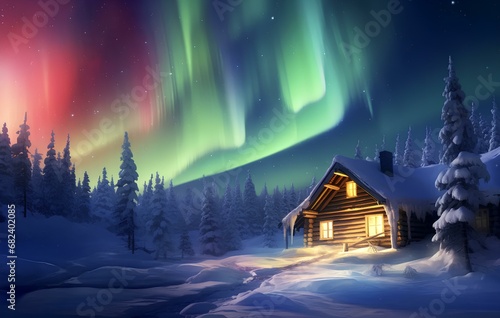 Finnish house in Lapland, snowy landscape, Northern Lights in the background, North Pole