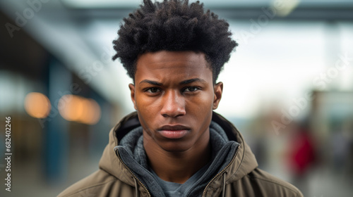 Close up portrait of a young african american man with a serious look on his face