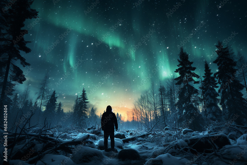 vibrant shared experience of witnessing Northern Aurora, embodying back 