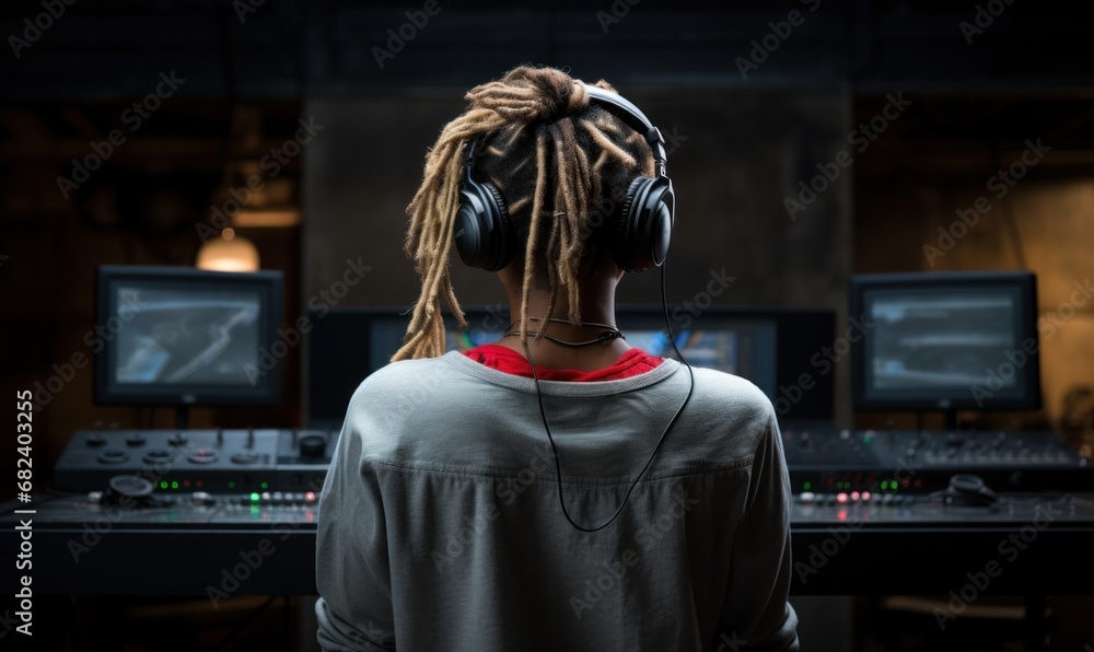 Fototapeta premium Sound engineer with headphones in studio