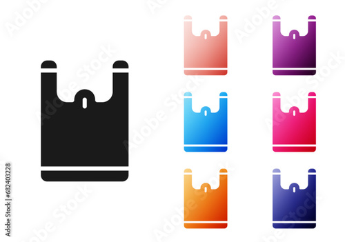 Black Plastic bag icon isolated on white background. Disposable cellophane and polythene package prohibition sign. Set icons colorful. Vector