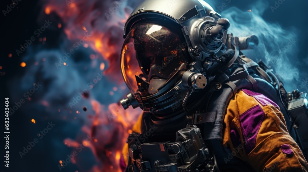 Astronaut in space suit and helmet against the background of fire