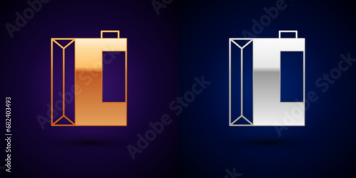 Gold and silver Paper package for kefir icon isolated on black background. Dieting food for healthy lifestyle and probiotics fulfillment. Vector