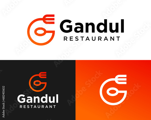 Letter G monogram spoon fork restaurant logo design.

