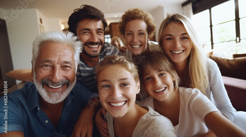 Young couple with children, their son and elderly parents sitting on sofa in living room, taking self portraits together. Portrait of happy cheerful big family smiling at camera in cozy living room photo