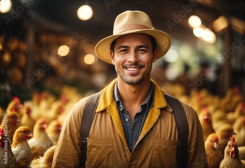 Handsome white men chicken farmer wearing casual costume, ranch on the background