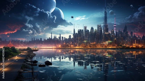 Fantasy night city with skyscrapers  river and moon