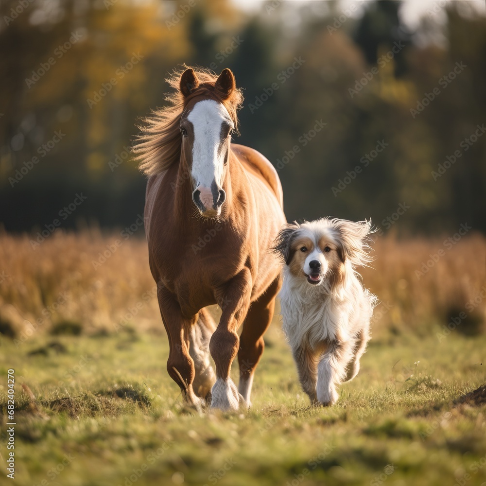 horse and dog running in the field, horse in the garden , running pic of dog horse and dog running in the field, horse in the garden , running pic of dog