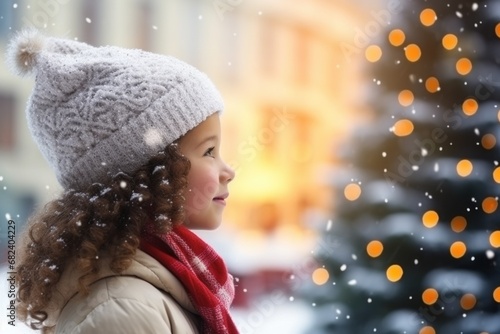 curly-haired girl looks admiringly at the lights of the Christmas market and snowflakes on the town hall square