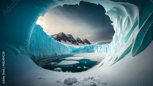 Blue ice cave landscape at the North Pole.