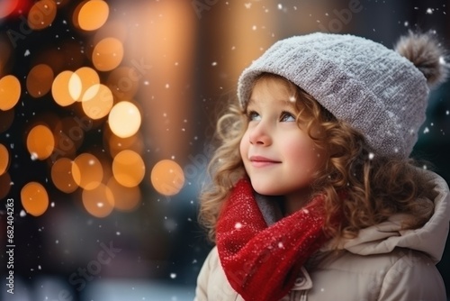 cute girl looks admiringly at the lights of the Christmas market on the town hall square