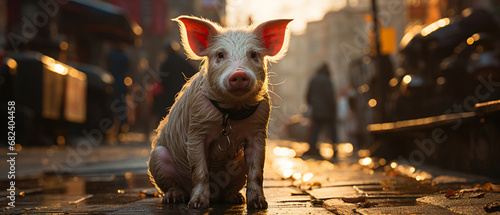 Straßenszene mit leinengeführtem Schwein photo