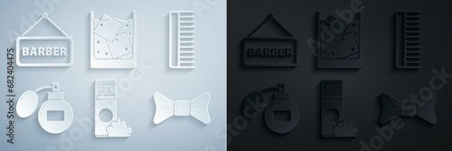 Set Shaving gel foam, Hairbrush, Aftershave, Bow tie, Glass of whiskey and ice cubes and Barbershop icon. Vector