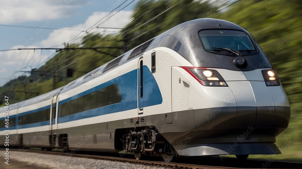A high-speed train is driving at full speed in the countryside, fast movement and modern transportation