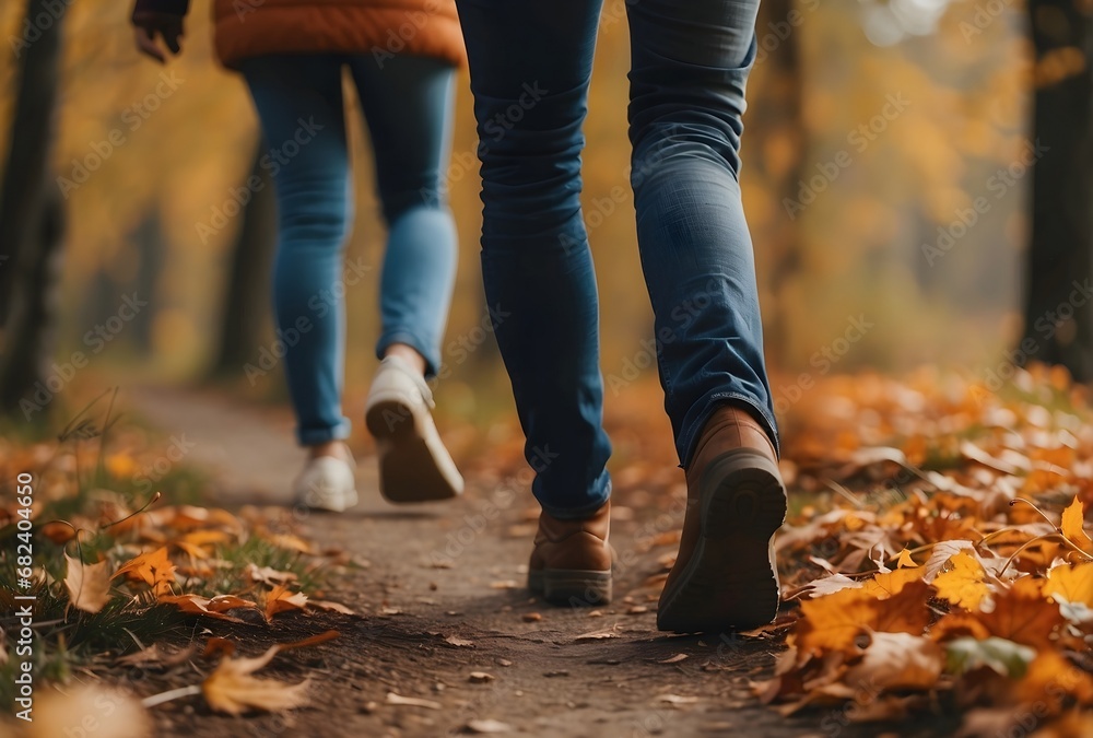 Group of tourists walks along an autumn forest path. Feet close-up, traveling in a small group

