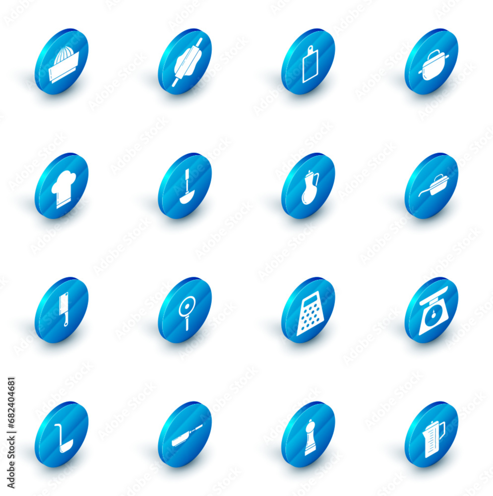 Set Rolling pin, Cutting board, Cooking pot, Chef hat, Meat chopper, Kitchen ladle, Frying pan and Bottle of olive oil icon. Vector Set Rolling pin, Cutting board, Cooking pot, Chef hat, Meat chopper, Kitchen ladle, Frying pan and Bottle of olive oil icon. Vector