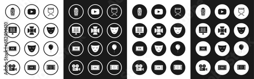 Set Director movie chair, Movie spotlight, Buy cinema ticket online, Popcorn cardboard box, Comedy theatrical mask, Play, Balloon with ribbon and Laptop screen 4k video technology icon. Vector