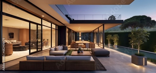 contemporary luxury home with patio panoramic view and practical outdoor furnishings, evening © keiron