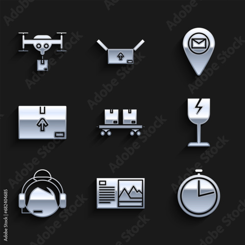 Set Railway carriage, Postcard, Stopwatch, Fragile broken glass symbol, Support operator in touch, Cardboard box with traffic, Placeholder on map paper and Delivery drone the package icon. Vector