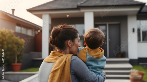 Mother and child looking at their new home standing with their backs, real estate purchase 