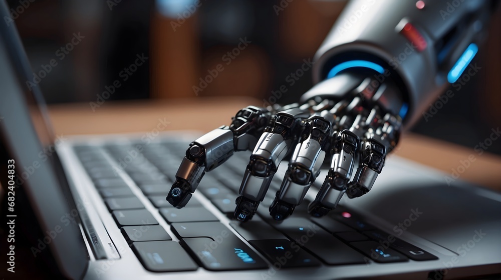 Robot hand points to laptop button advisor chatbot robotic artificial intelligence concept. Robot hand points to laptop button advisor chatbot robotic artificial intelligence concept.