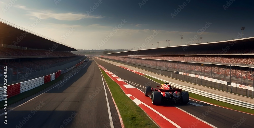 F1 car on race track circuit road in the daytime, grandstand stadium for Formula One racing