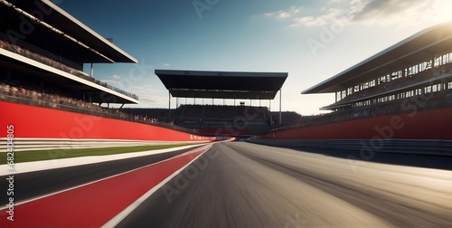 F1 race track circuit road with motion blur  grandstand stadium for Formula One racing