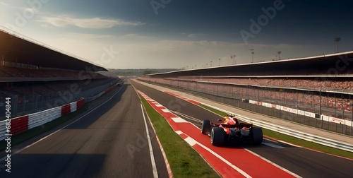 F1 car on race track circuit road in the daytime, grandstand stadium for Formula One racing