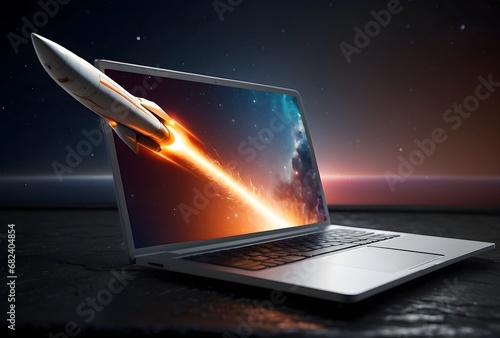 Futuristic concept launching a space rocket from laptop screen for startup success