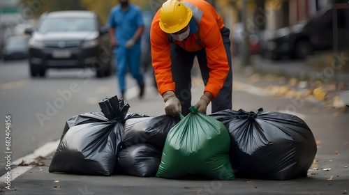 Waste collection employee collects garbage bags for efficient trash removal, trash collection worker on residential street