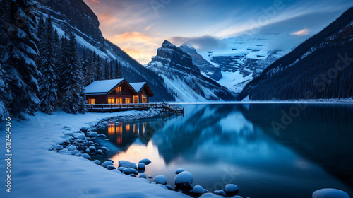 Stunning blue hour shot of a boat house on a crystal clear winter morning at Lake Louise, Alberta, Canada © Karol