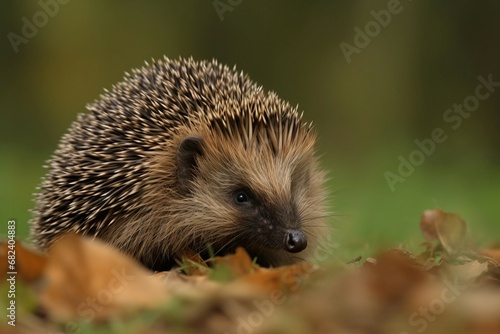 Closeup image of hedgehog in forest nature. Nocturnal animal prickly covered with spines fur. Generate ai