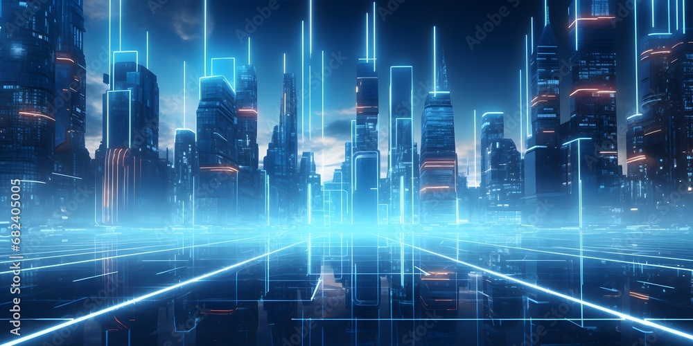 Abstract 3d city rendering with lines and digital elements. Skyscrappers with wireframe texture and random digits. Technology and connection concept. Perspective architecture background