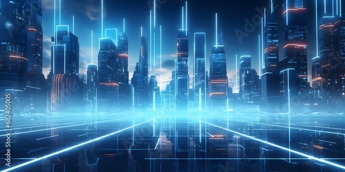 Abstract 3d city rendering with lines and digital elements. Skyscrappers with wireframe texture and random digits. Technology and connection concept. Perspective architecture background