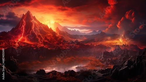 an AI masterpiece of a volcanic valley at sunrise, with the fiery hues of the sky mirroring the molten lava below