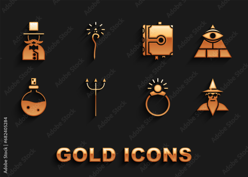 Set Neptune Trident, Masons, Wizard warlock, Magic stone ring with gem, Bottle love potion, Ancient magic book, Magician and staff icon. Vector Set Neptune Trident, Masons, Wizard warlock, Magic stone ring with gem, Bottle love potion, Ancient magic book, Magician and staff icon. Vector