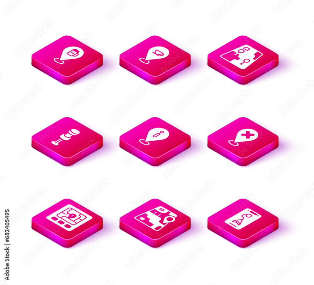 Set Gps device with map, City navigation, Push pin, Location information, cross mark, and coffee cup icon. Vector Set Gps device with map, City navigation, Push pin, Location information, cross mark, and coffee cup icon. Vector