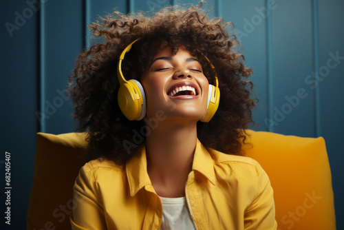Brown girl in yellow shirt with long curly hair listens to music with yellow headphones and laughts photo