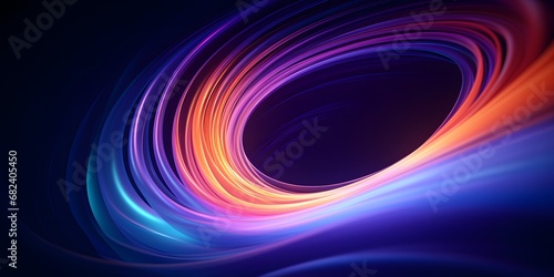 Abstract colorful circular lines on dark blue background copy negative space radial moving flow glow optical art 3d illustration